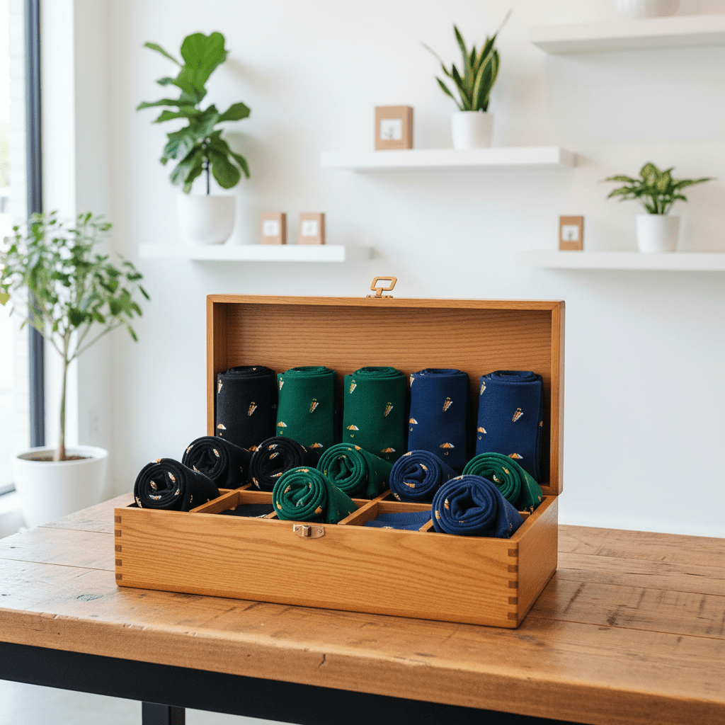 Wooden box with rolled-up socks in a home setting