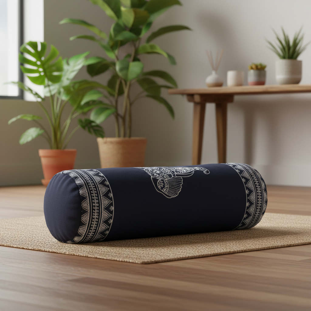 A navy blue cylindrical floor cushion with white geometric and floral patterns, resting on a woven jute rug in a modern, softly lit living room with potted plants and a wooden console table in the background.
