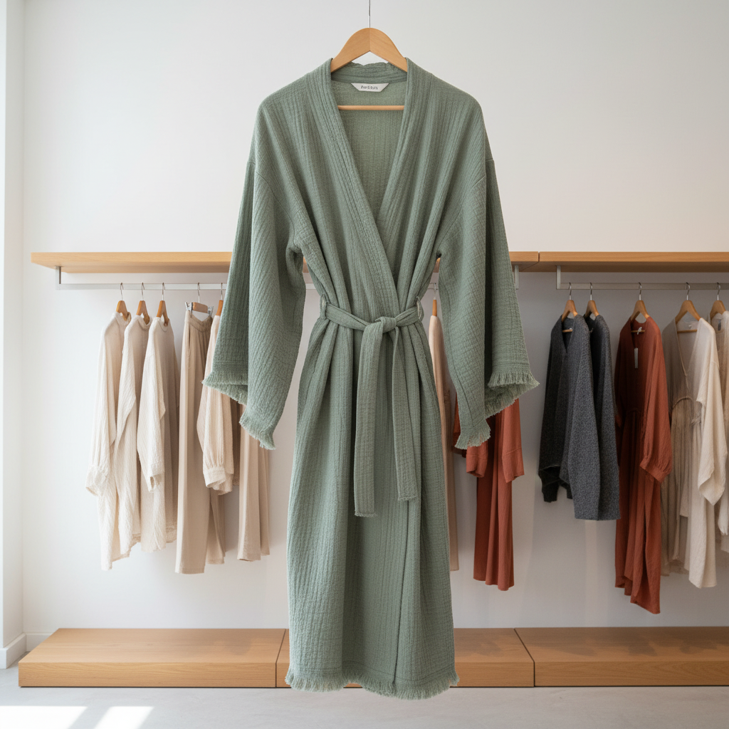 A sage green textured cotton robe hanging on a wooden hanger against a white wall, with other hanging garments visible in the background.