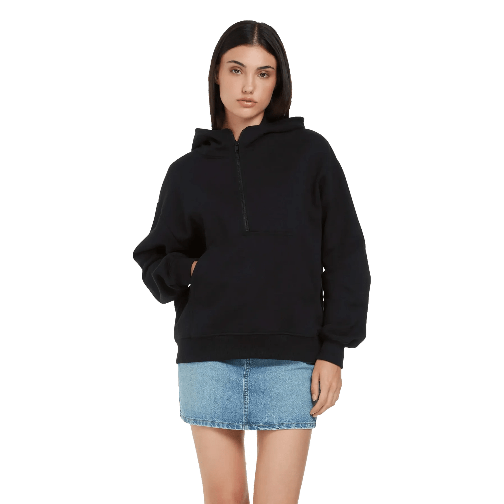 Person wearing a black hoodie and denim skirt on a transparent background