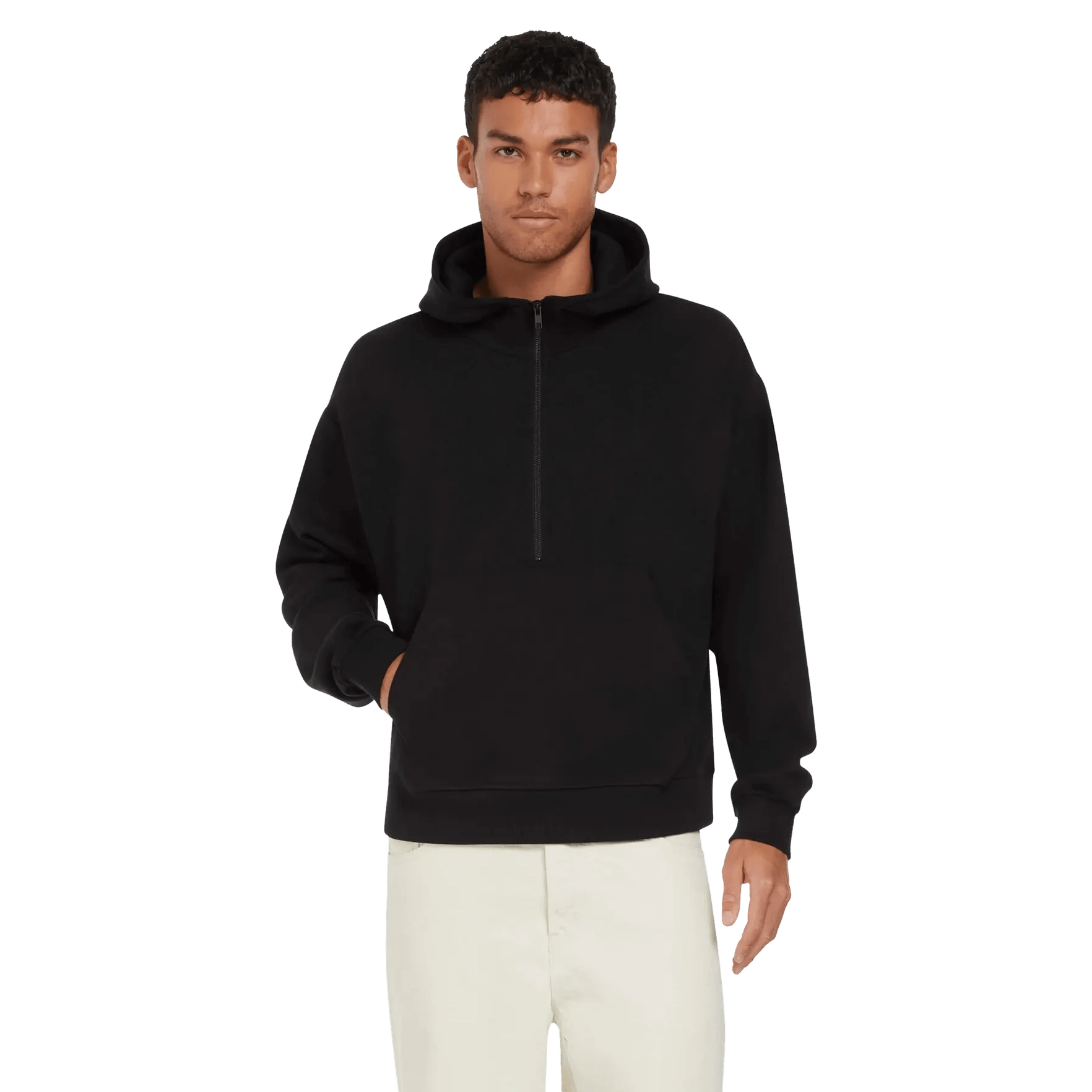 Person wearing a black hoodie and white pants on a transparent background