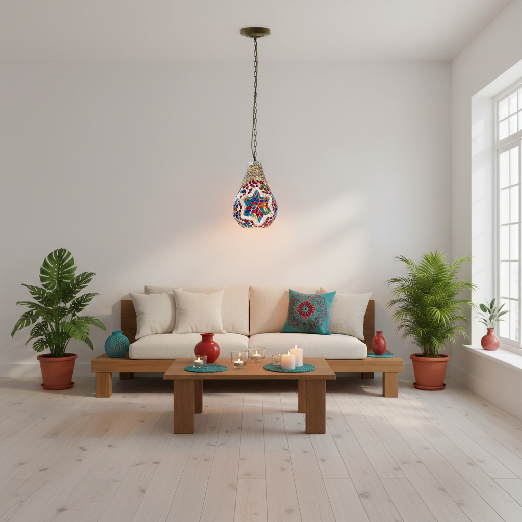 A colorful mosaic pendant light hangs in a bright, modern living room with a wooden bench, potted plants, and a wooden coffee table.