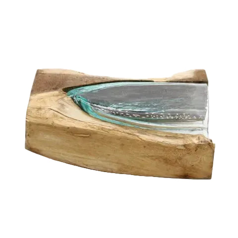 Side view of the glass vase and wood base lying horizontally on a white background