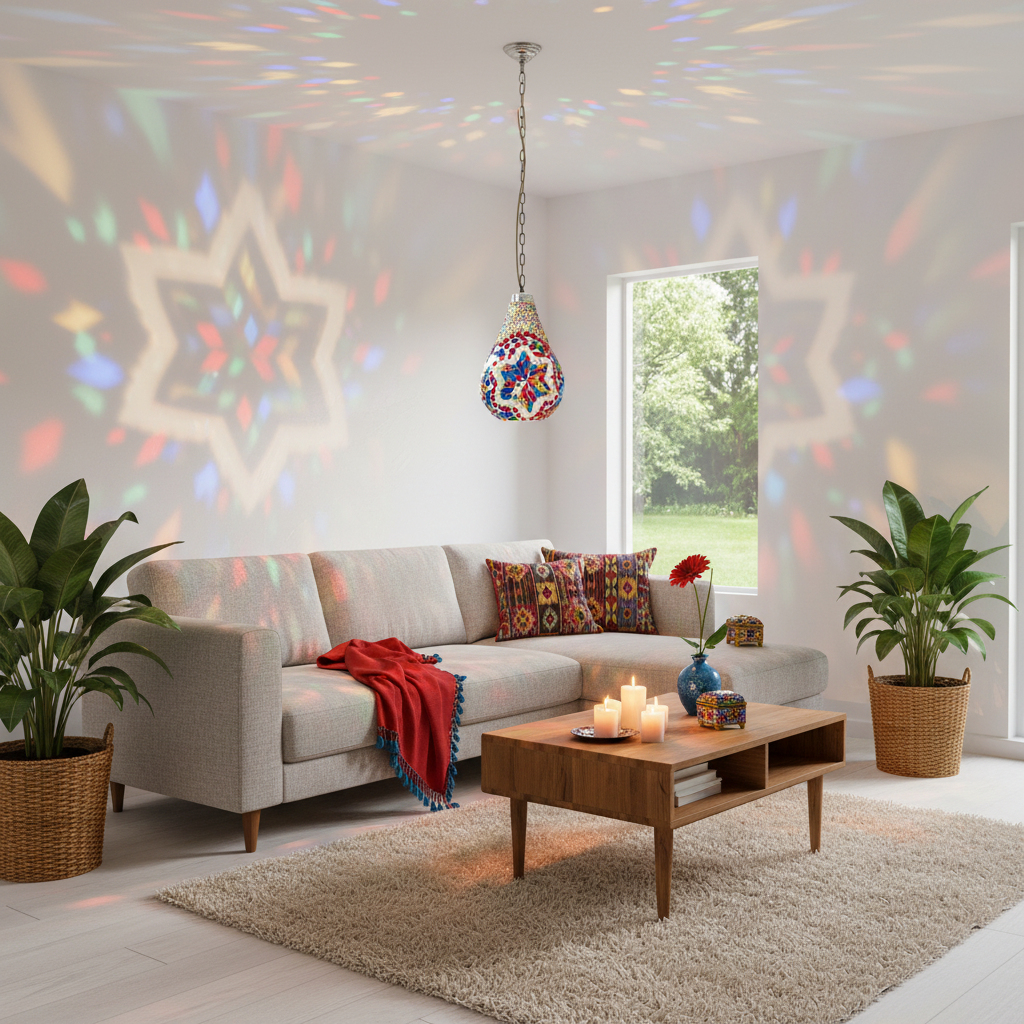 A colorful mosaic hanging pendant light projects rainbow star patterns onto a white wall in a modern living room with a beige sofa, wooden coffee table, and potted plants.