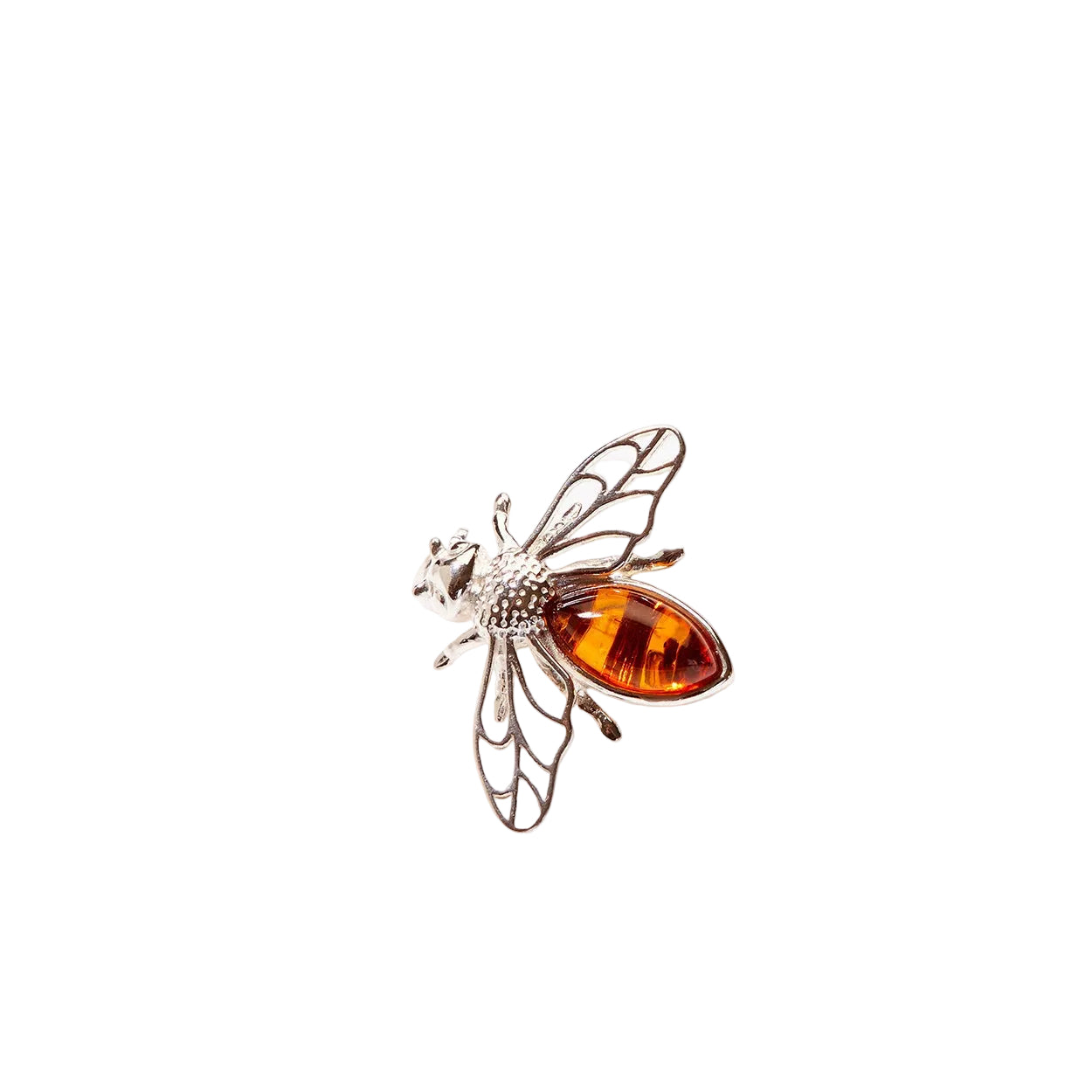 Silver bee-shaped brooch with amber-colored body on a white background