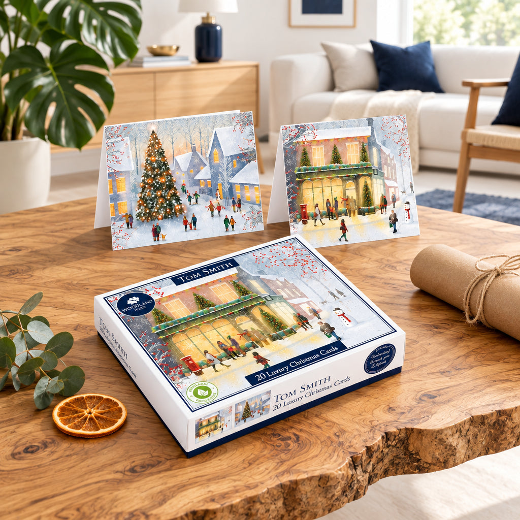 Tom Smith Christmas High Street box of 20 cards with two snowy town designs displayed on a wooden coffee table