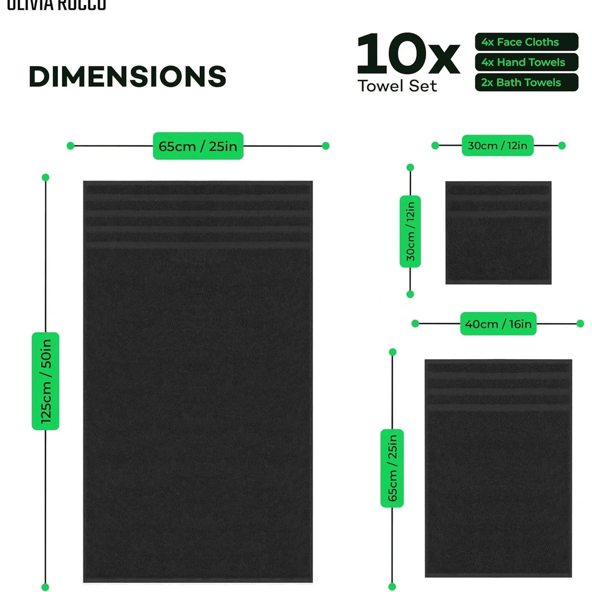 Dimensions of a 10-piece towel set with black towels and green measurements.