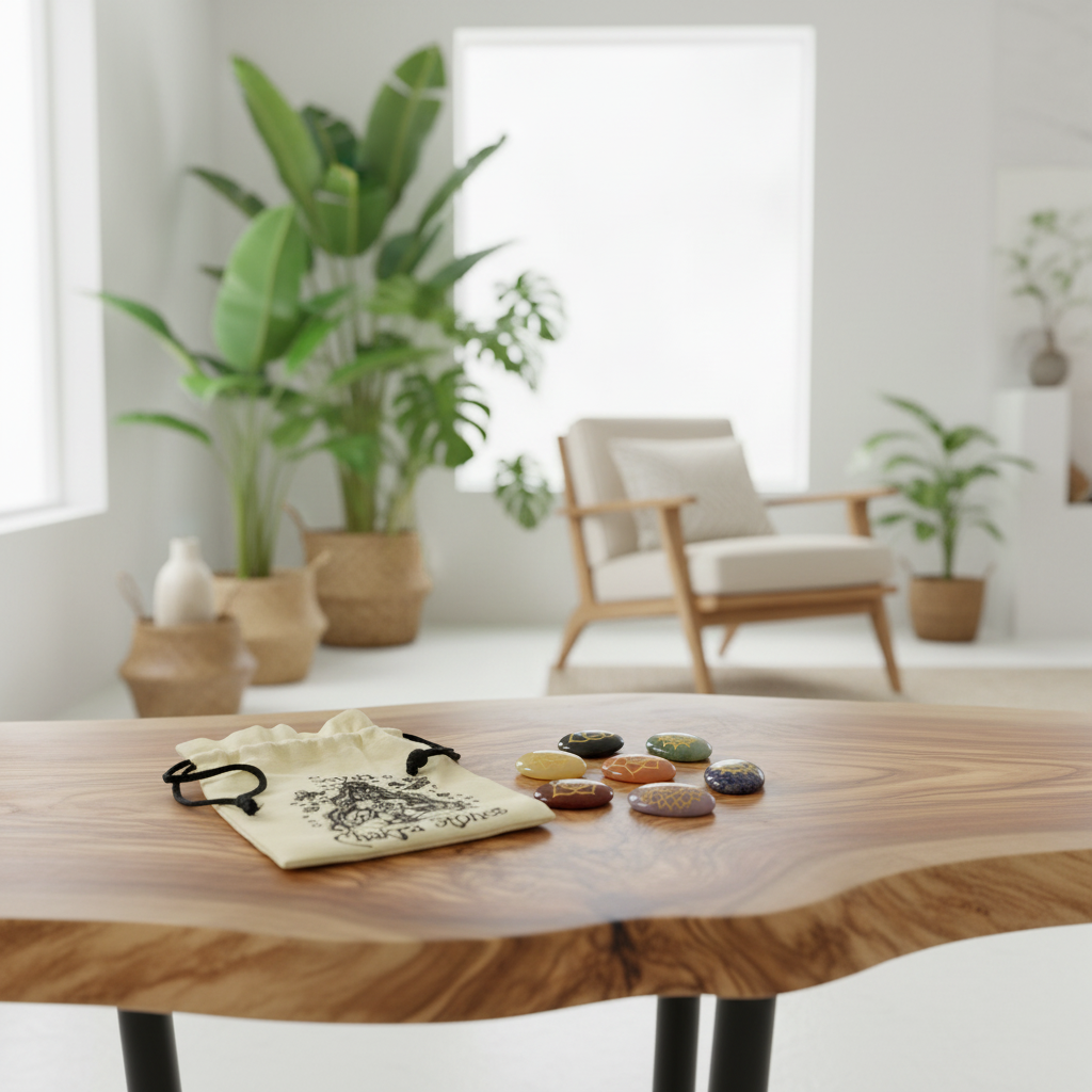 Wooden table with decorative items in a bright room with plants