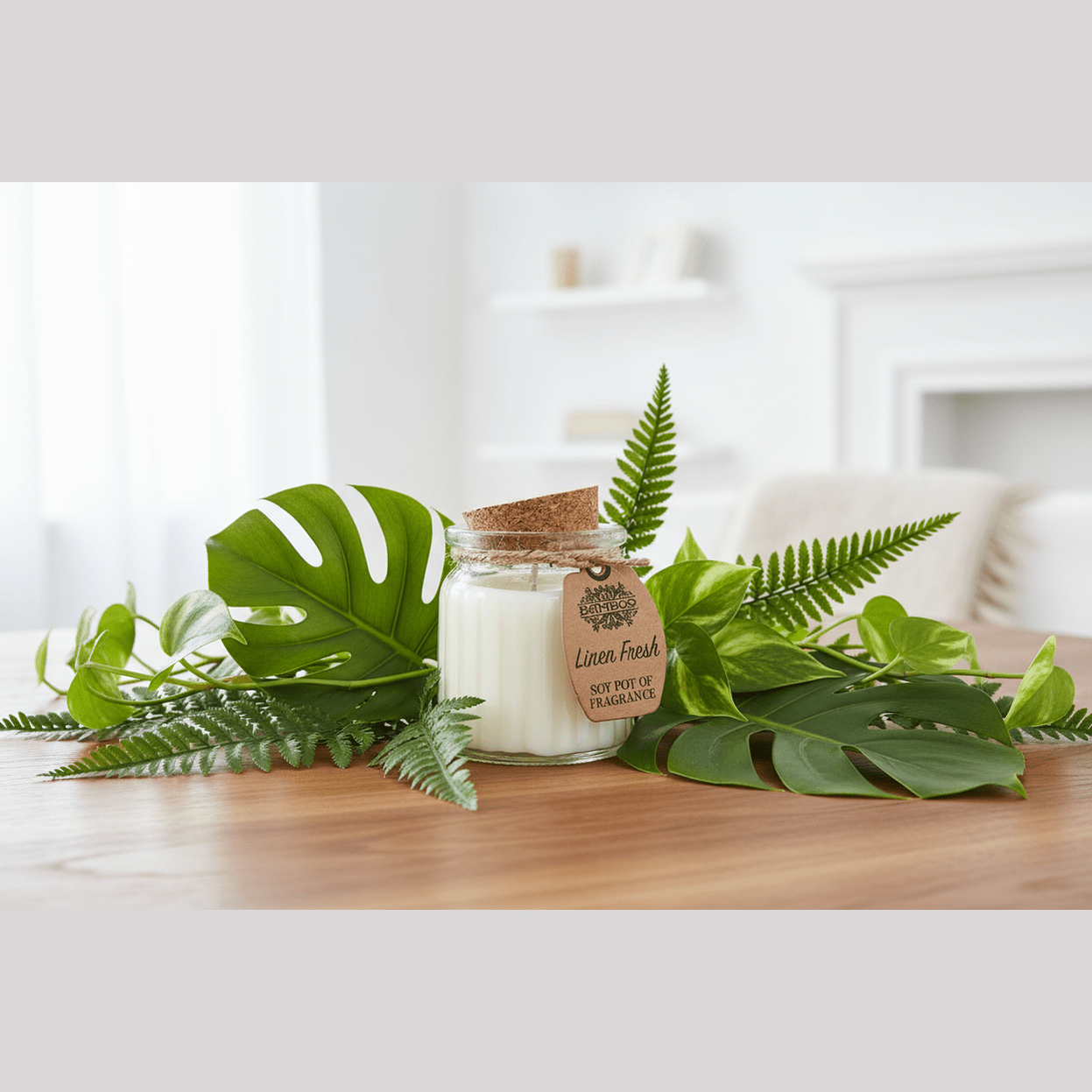 Candle in a glass jar with a wooden lid surrounded by green leaves on a wooden surface.