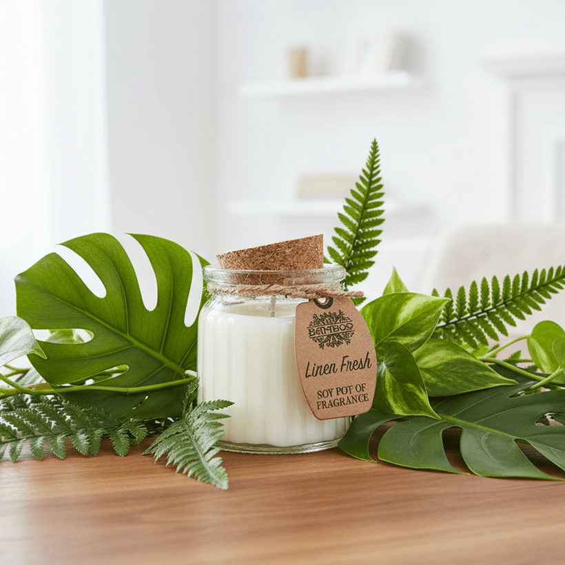 Candle in a glass jar with a wooden lid surrounded by green leaves on a wooden surface.