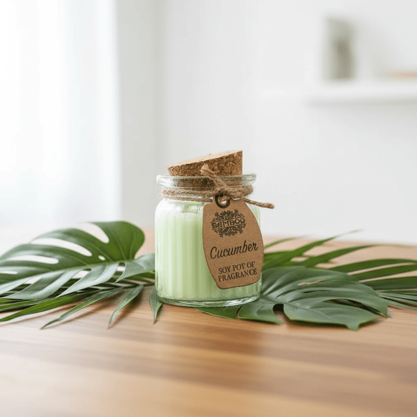 Cucumber-scented candle in a glass jar with a wooden lid on a wooden surface with palm leaves.