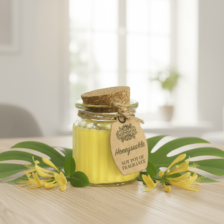 Jar candle with a tag on a table with leaves and flowers
