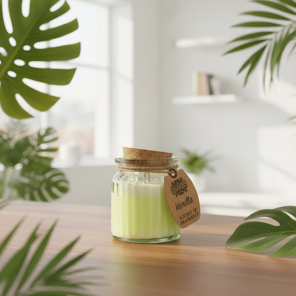 Candle in a glass jar with a cork lid on a wooden surface, surrounded by green leaves.