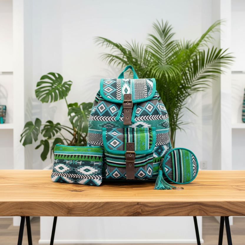 Green patterned backpack with matching pouch on a wooden table with plants in the background