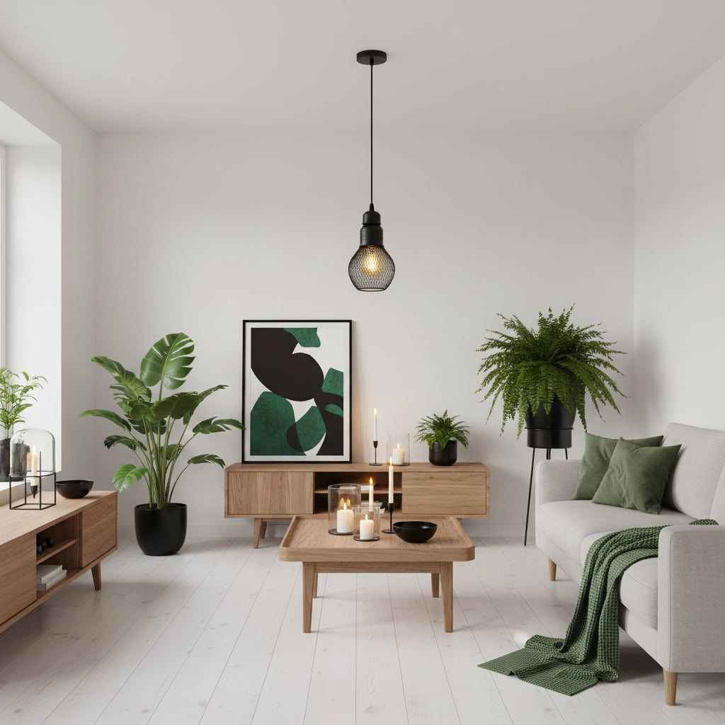 Black mesh pendant light on a white ceiling in a modern white living space with green accents and exotic plants