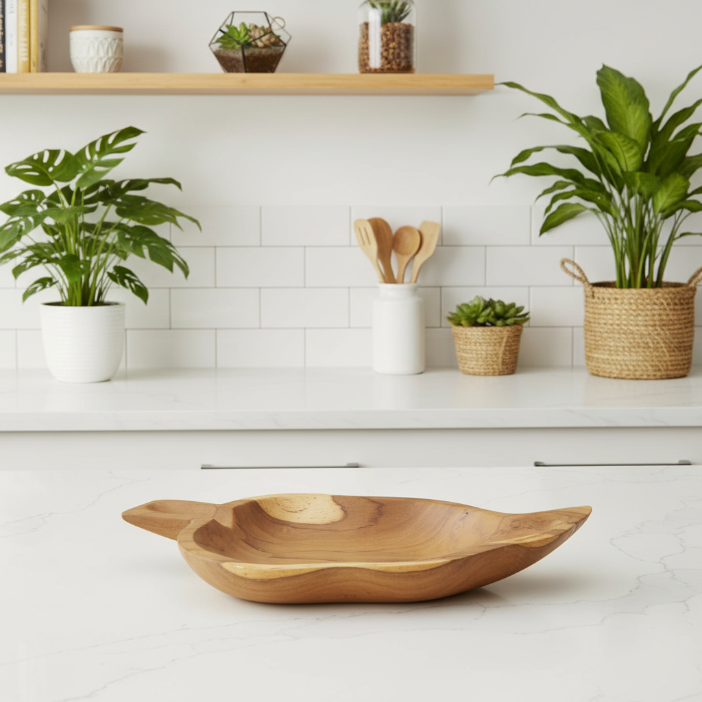 A leaf-shaped wooden serving bowl with a natural wood finish sits on a white marble countertop in a bright, modern kitchen setting with potted plants and wooden utensils in the background.