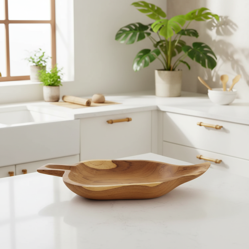 A leaf-shaped wooden serving bowl with two handles sits on a white kitchen countertop. The background shows a bright, modern kitchen with white cabinets, gold handles, a rolling pin, and potted plants.