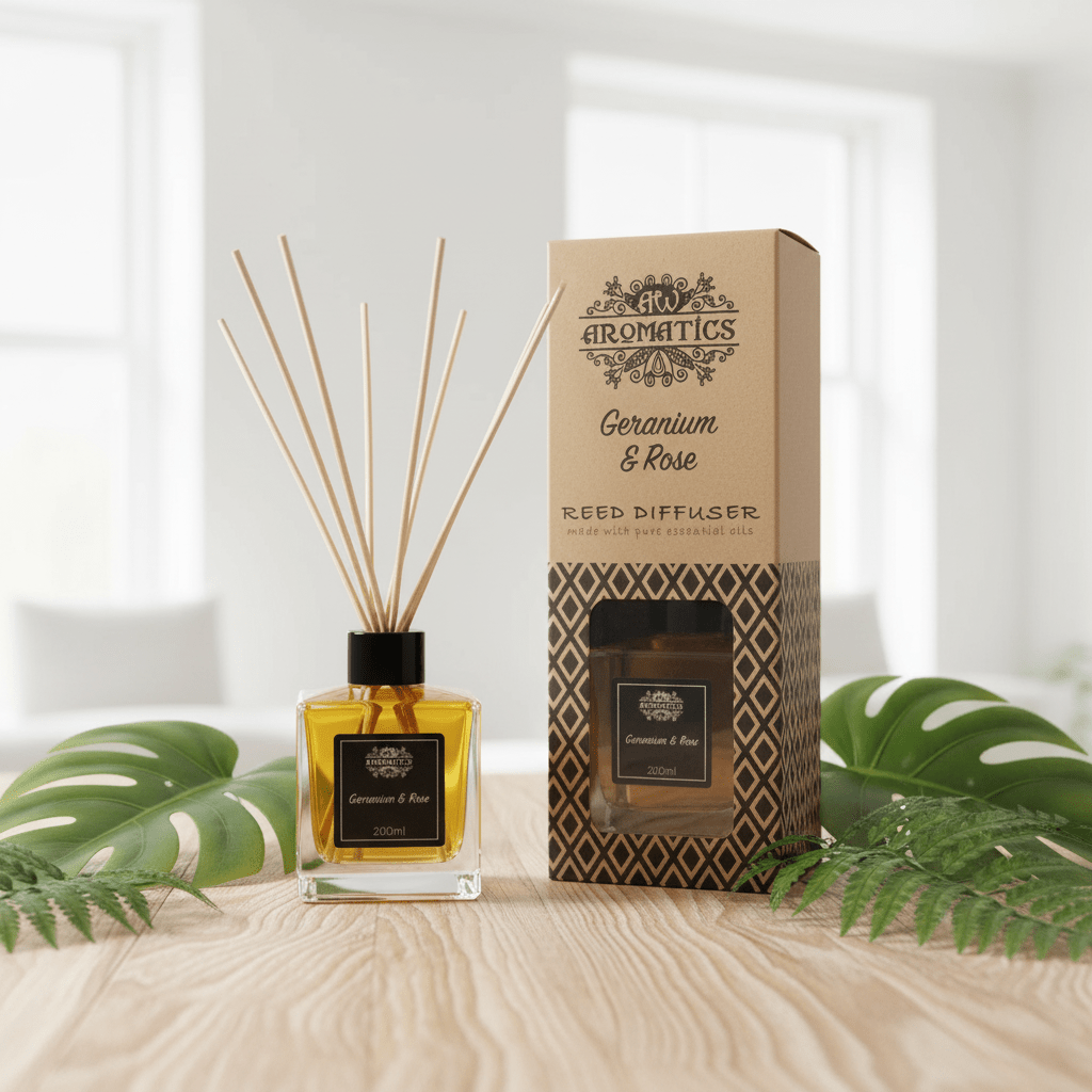 Reed diffuser with packaging on a wooden surface with plants in the background