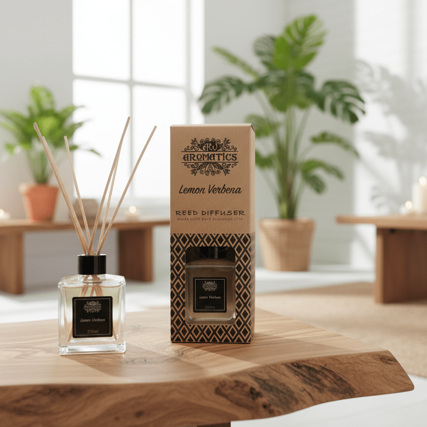 Reed diffuser set on a wooden table with a blurred indoor background