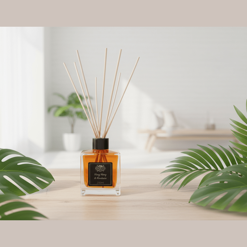 A diffuser with sticks on a table surrounded by green leaves in a bright room.