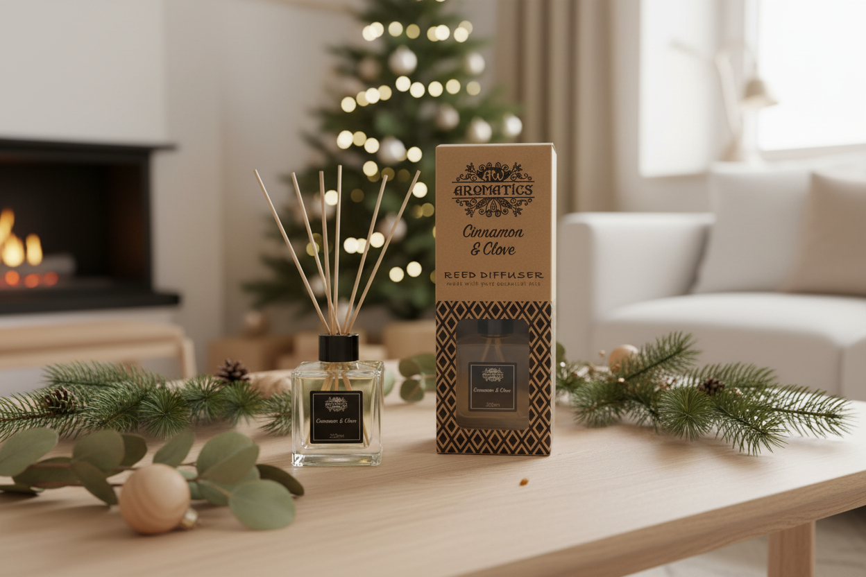 Aromatherapy diffuser and packaging on a table with a Christmas tree in the background
