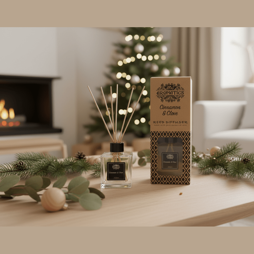 Aromatherapy diffuser and packaging on a table with a Christmas tree in the background