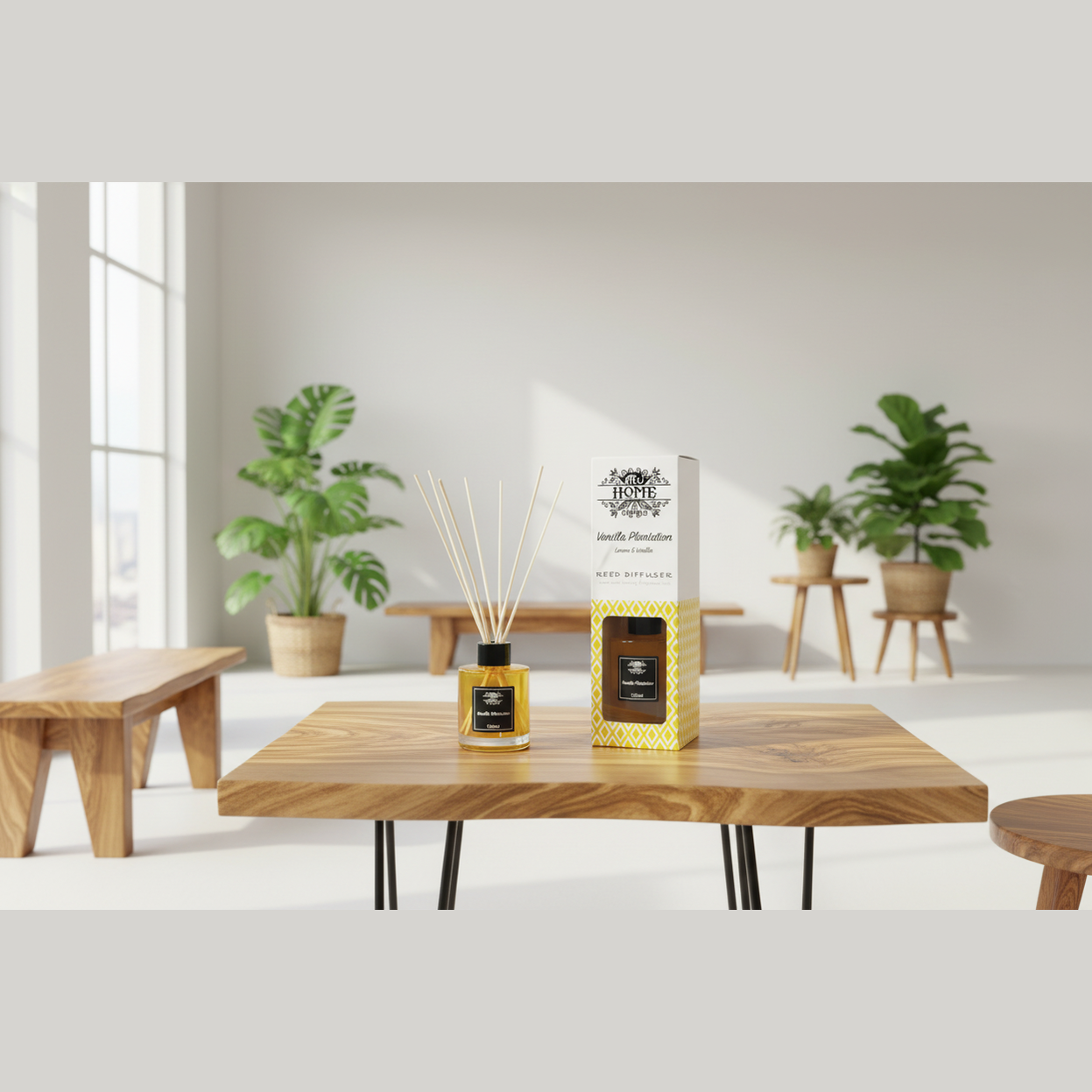 Diffuser and packaging on a wooden table with plants in the background