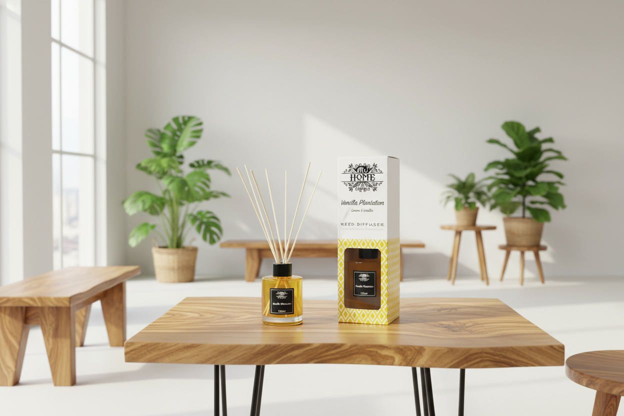Diffuser and packaging on a wooden table with plants in the background