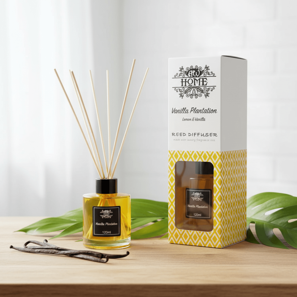 Reed diffuser with packaging on a wooden surface with leaves in the background