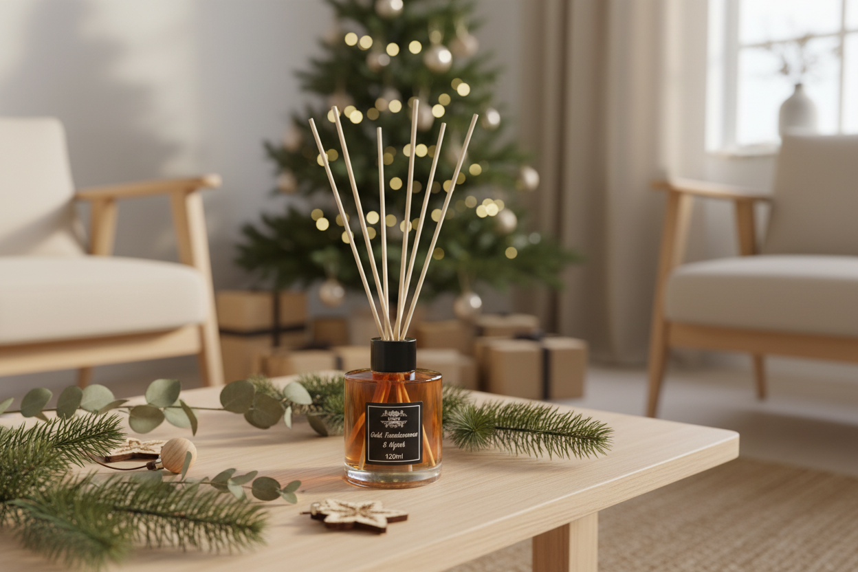 A diffuser with decorative sticks on a table in a cozy living room with a Christmas tree in the background.