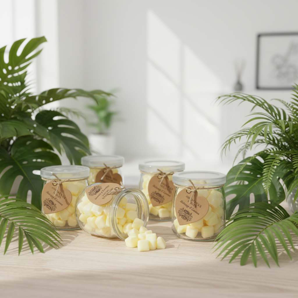 Jars of white wax melts with tags on a wooden surface surrounded by green plants.
