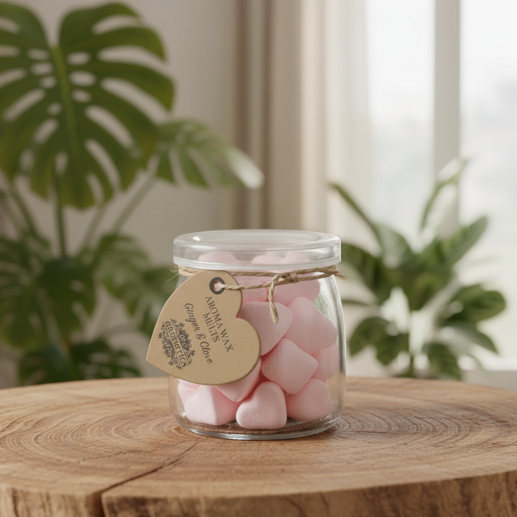 Jar of pink heart-shaped wax melts on a wooden surface with plants in the background