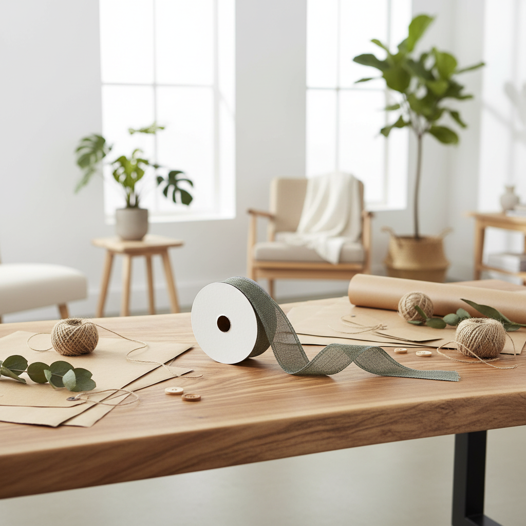 Green ribbon on a wooden table with eco-friendly gift wrapping items, on an olive wood table, with green plants, in a lean white living space