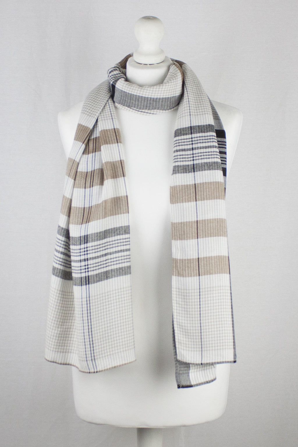 Checks and Stripes Textured Weave Viscose Scarf - Beige Black Off-White-0