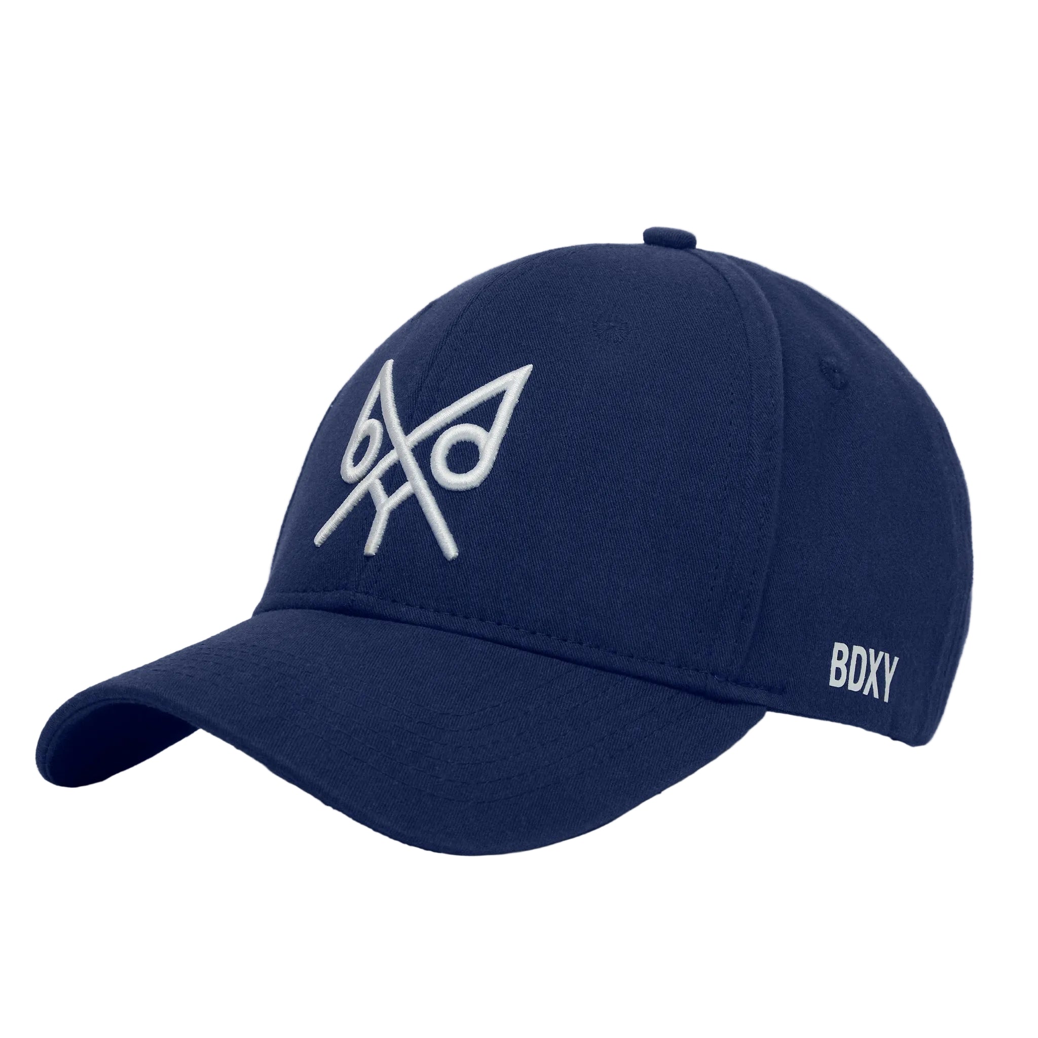 Navy blue cap with white logo and 'BDXY' text on a white background