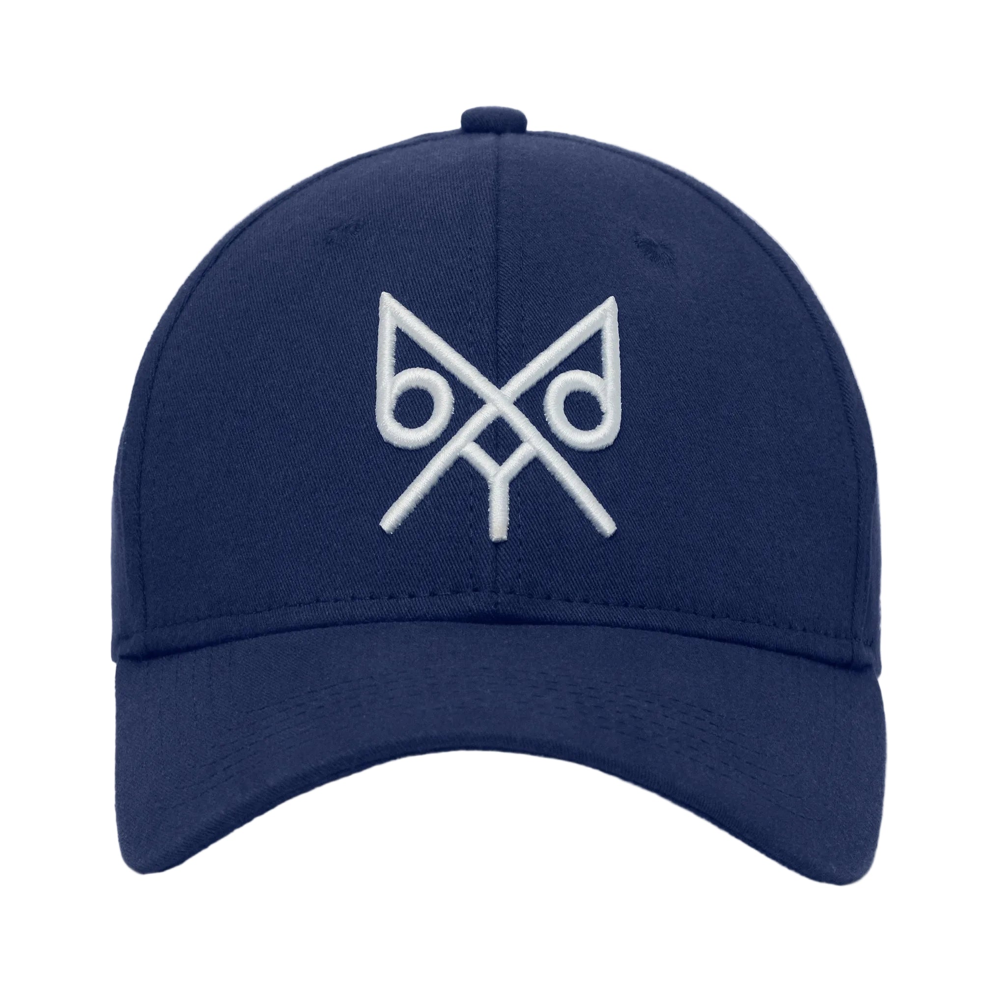 Navy blue cap with a white logo on a white  background