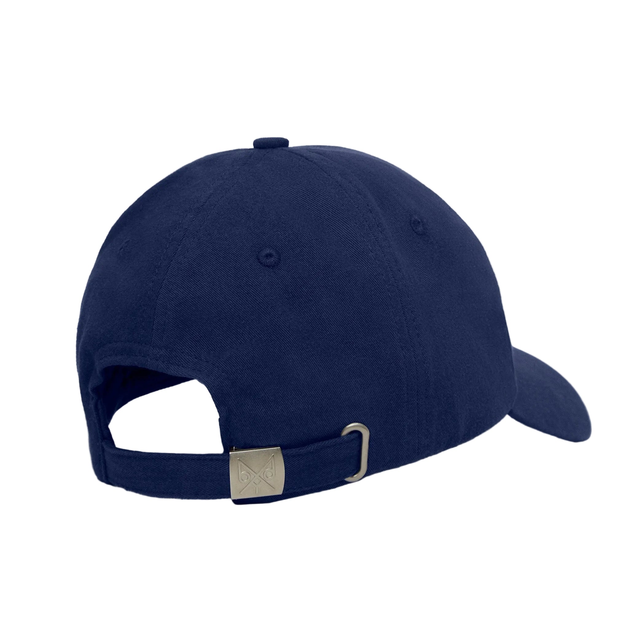 Navy blue baseball cap with a brand logo on a white background