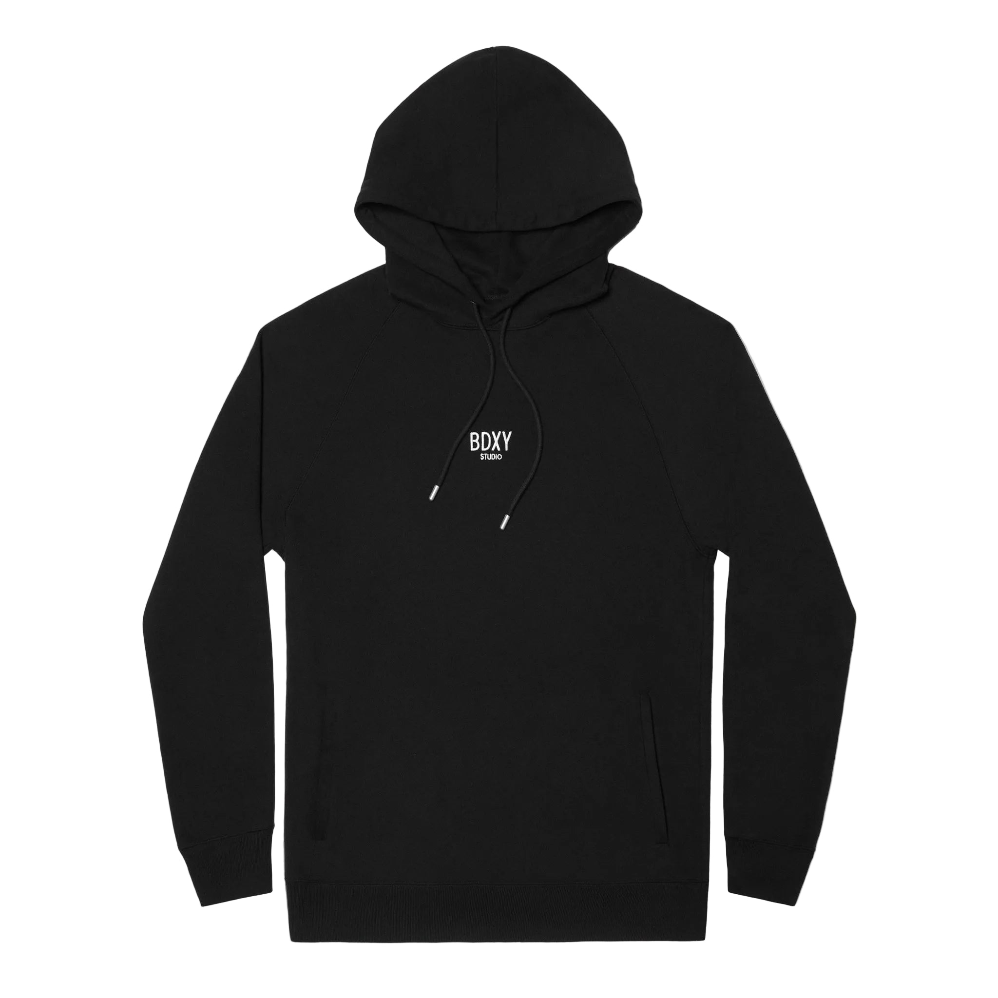 Black hoodie with a brand logo on a white background
