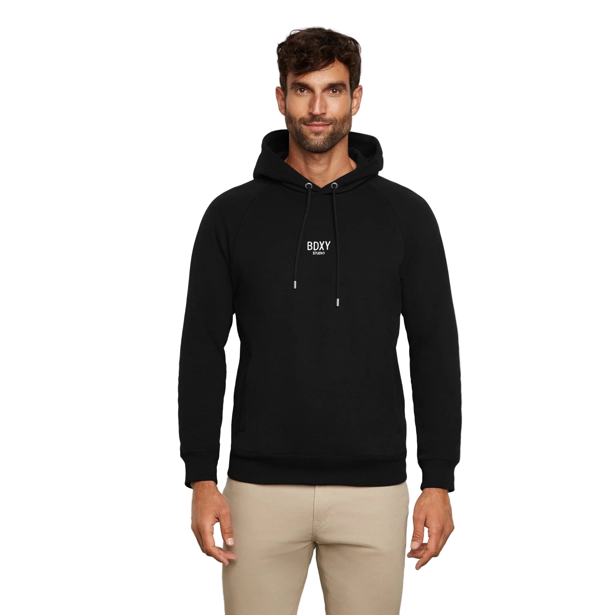 Man wearing a black hoodie with 'BOXY' logo on a white background