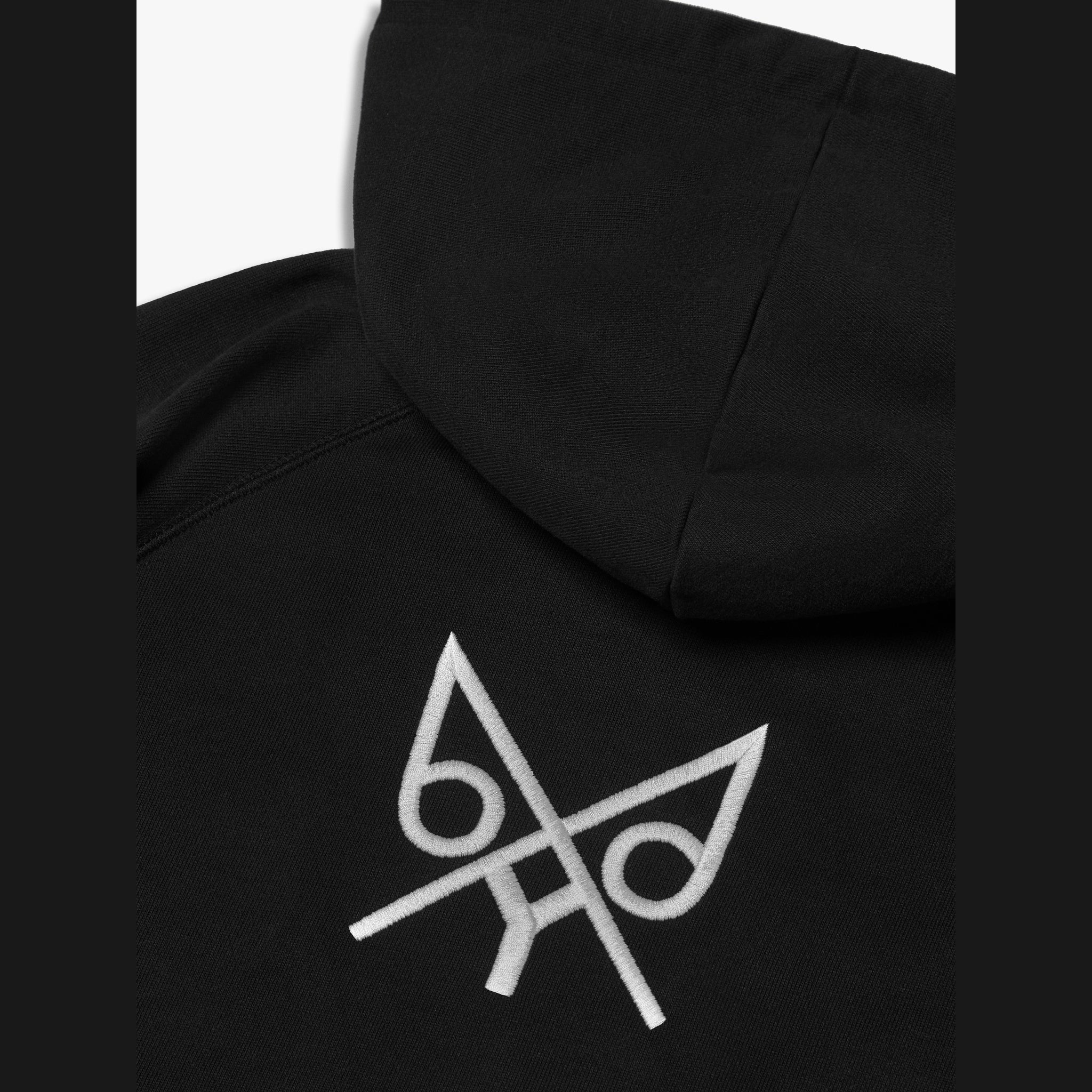 Black hoodie with a white logo on a white background