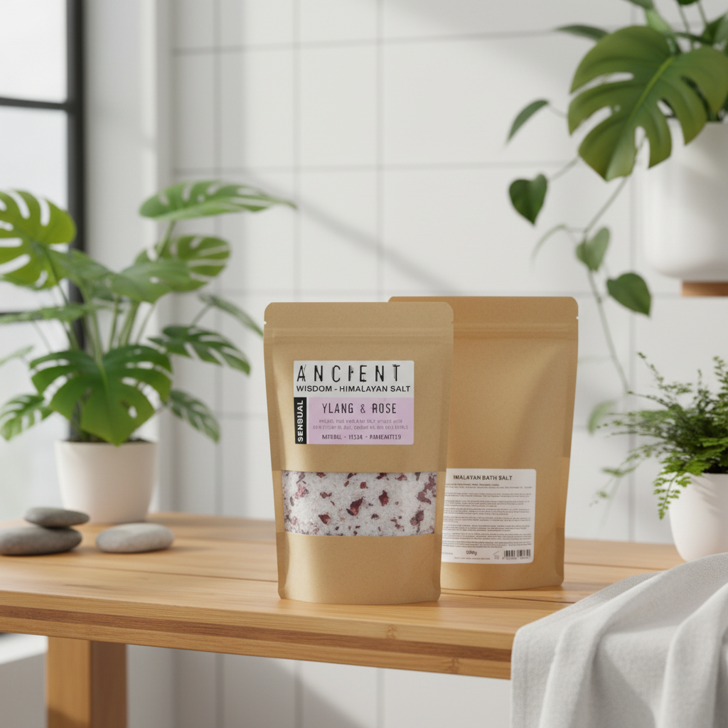 Two bags of 'Ancient Wisdom' Himalayan bath salt on a wooden table with plants in the background.