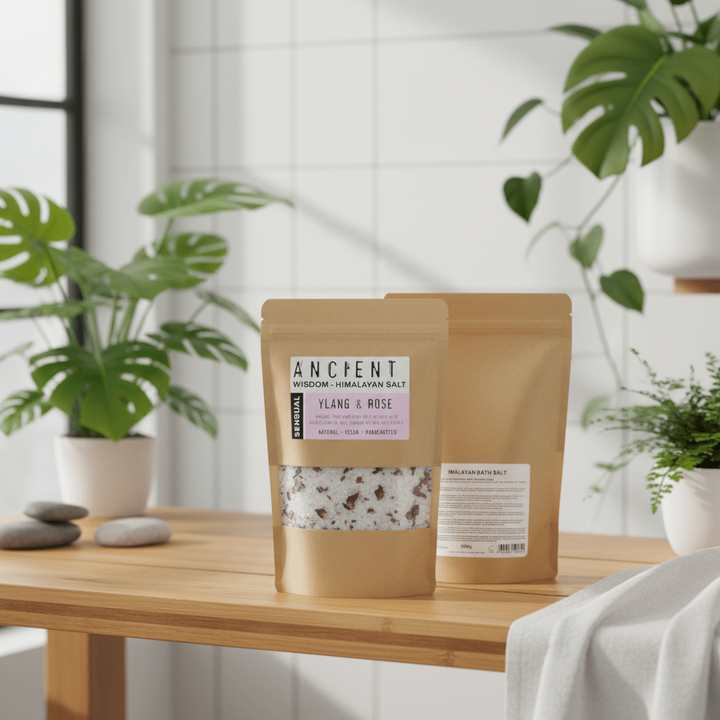 Two bags of 'Ancient Wisdom' Himalayan bath salt on a wooden table with plants in the background.