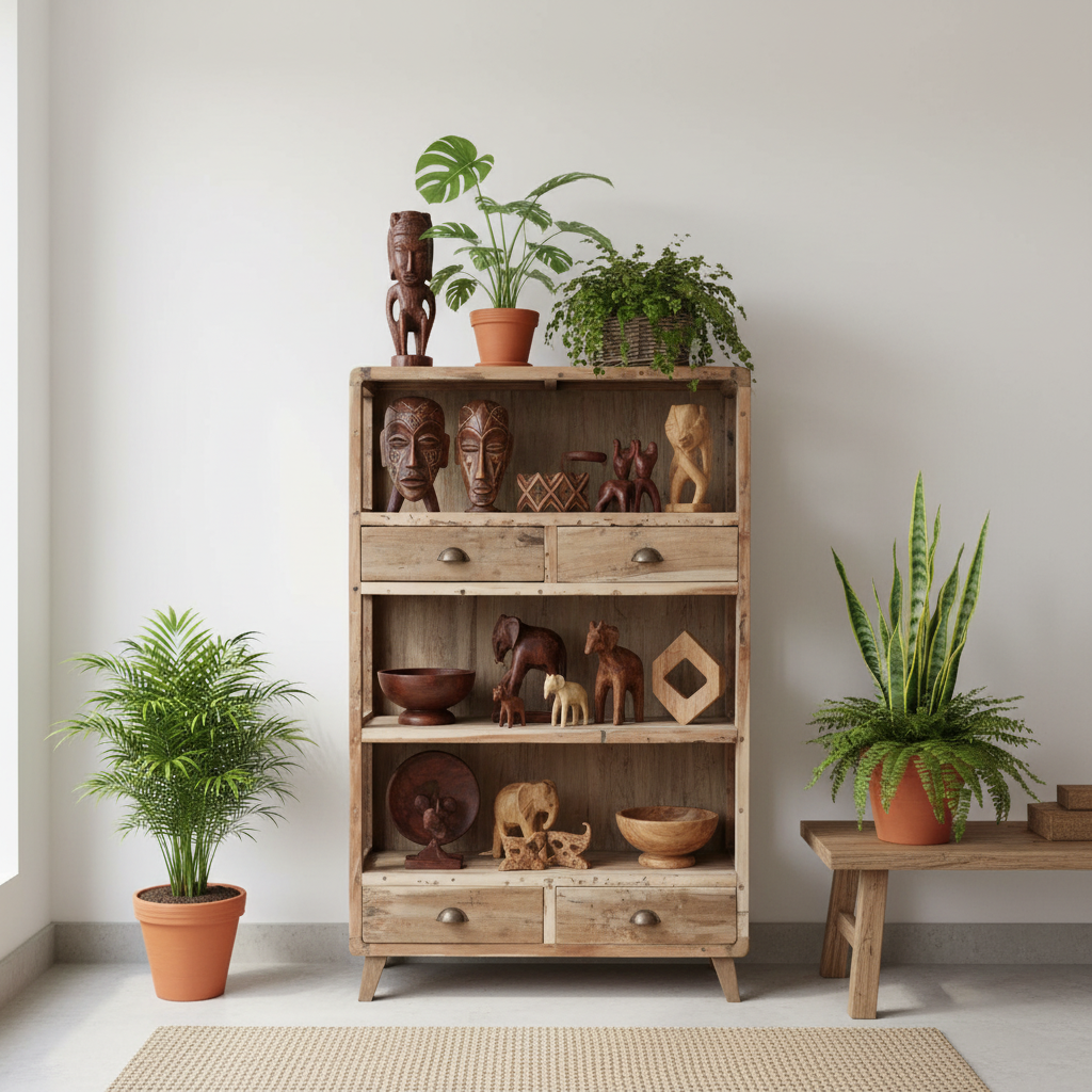 A rustic wooden display cabinet with four drawers and open shelves, styled with various wooden sculptures, bowls, and planters, set in a bright, modern room with potted plants on either side.