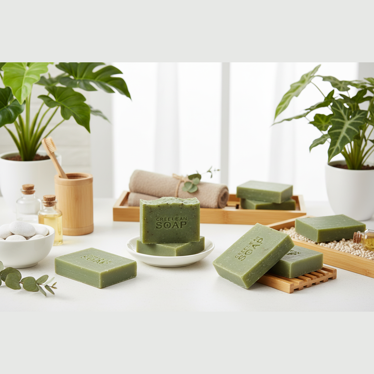 Green soap bars on a wooden tray with plants and natural items in the background