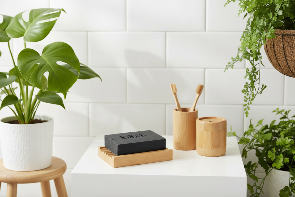 Wooden bathroom items and soap on a wooden soap dish on a white surface with plants and a tiled wall in the background