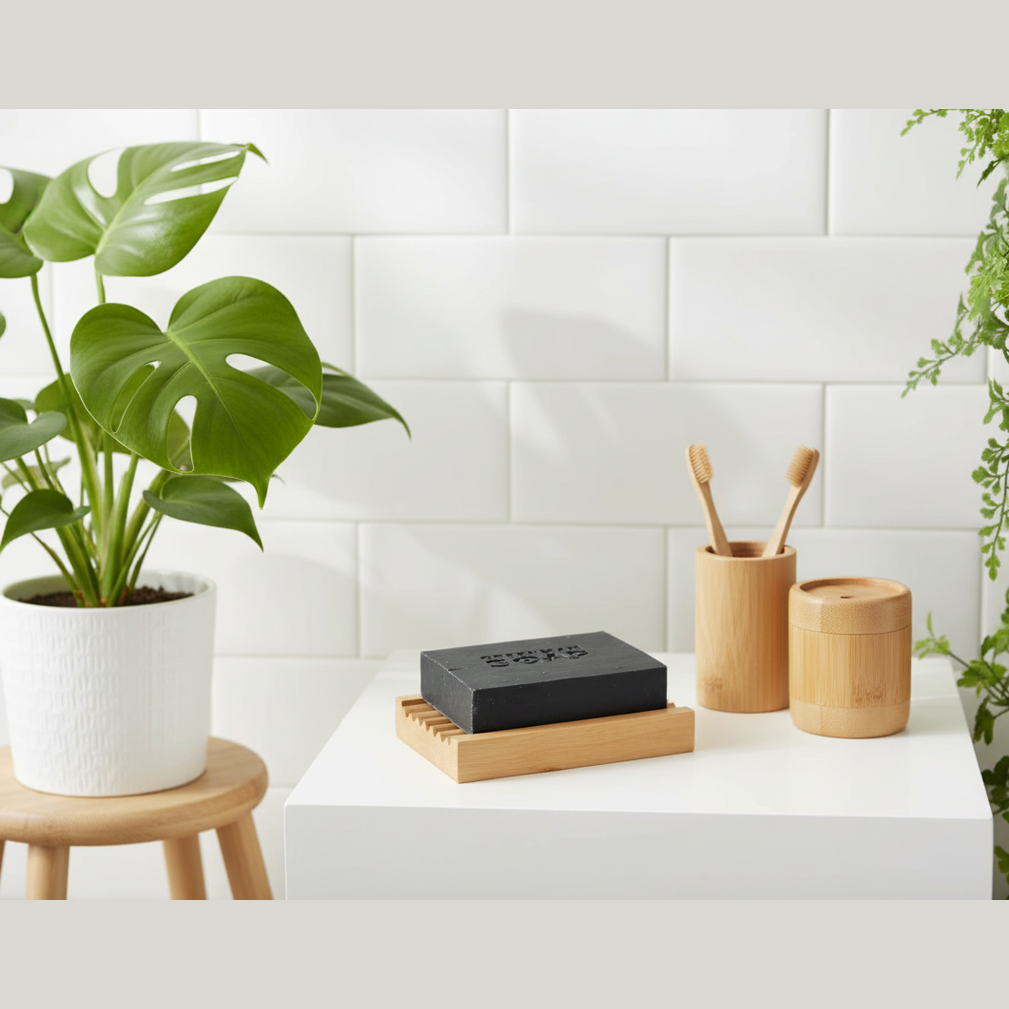 Wooden bathroom items and soap on a wooden soap dish on a white surface with plants and a tiled wall in the background