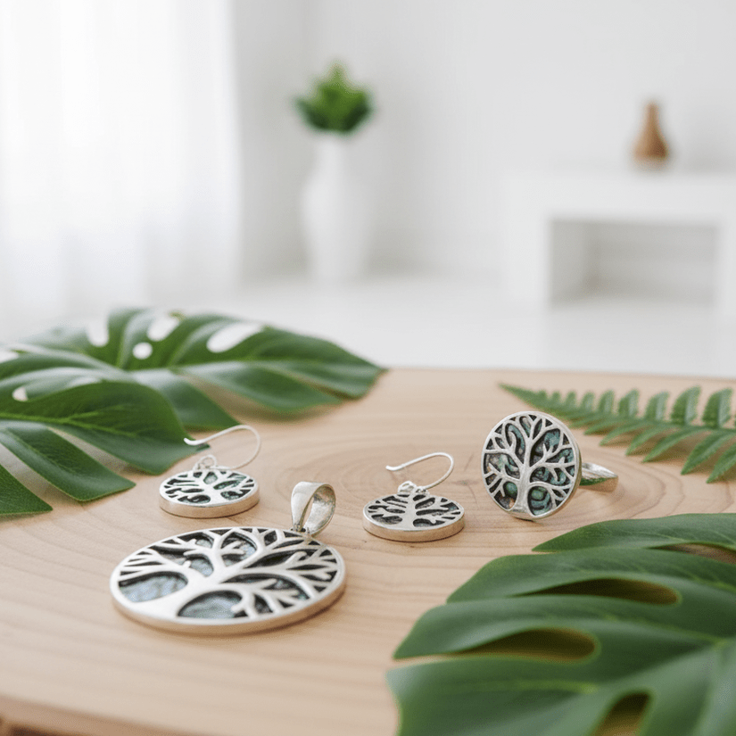 Silver tree-themed earrings on a wooden surface with green leaves