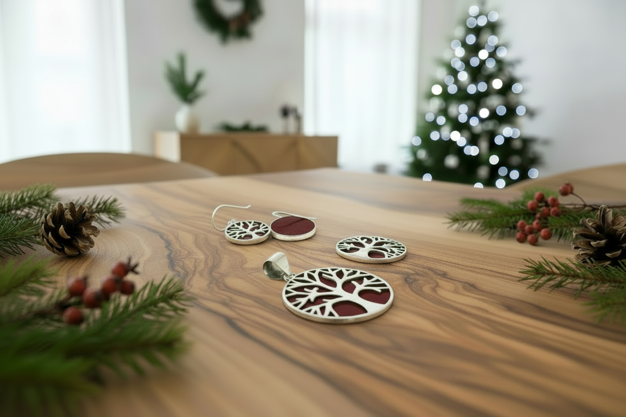 Christmas jewellery on a wooden table with a blurred Christmas tree in the background.