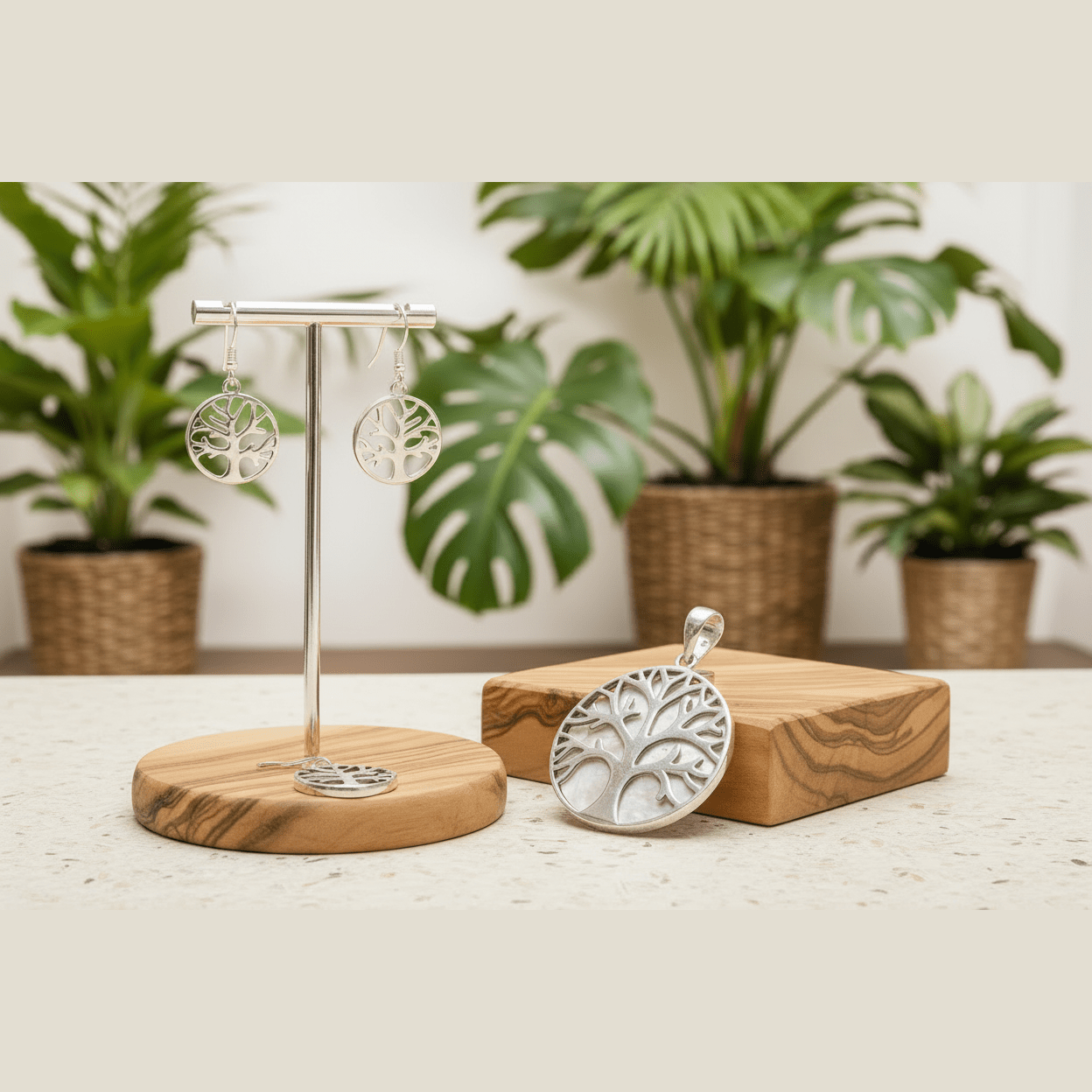 Silver tree-shaped earrings on a wooden stand with a matching pendant on a wooden block, surrounded by plants.