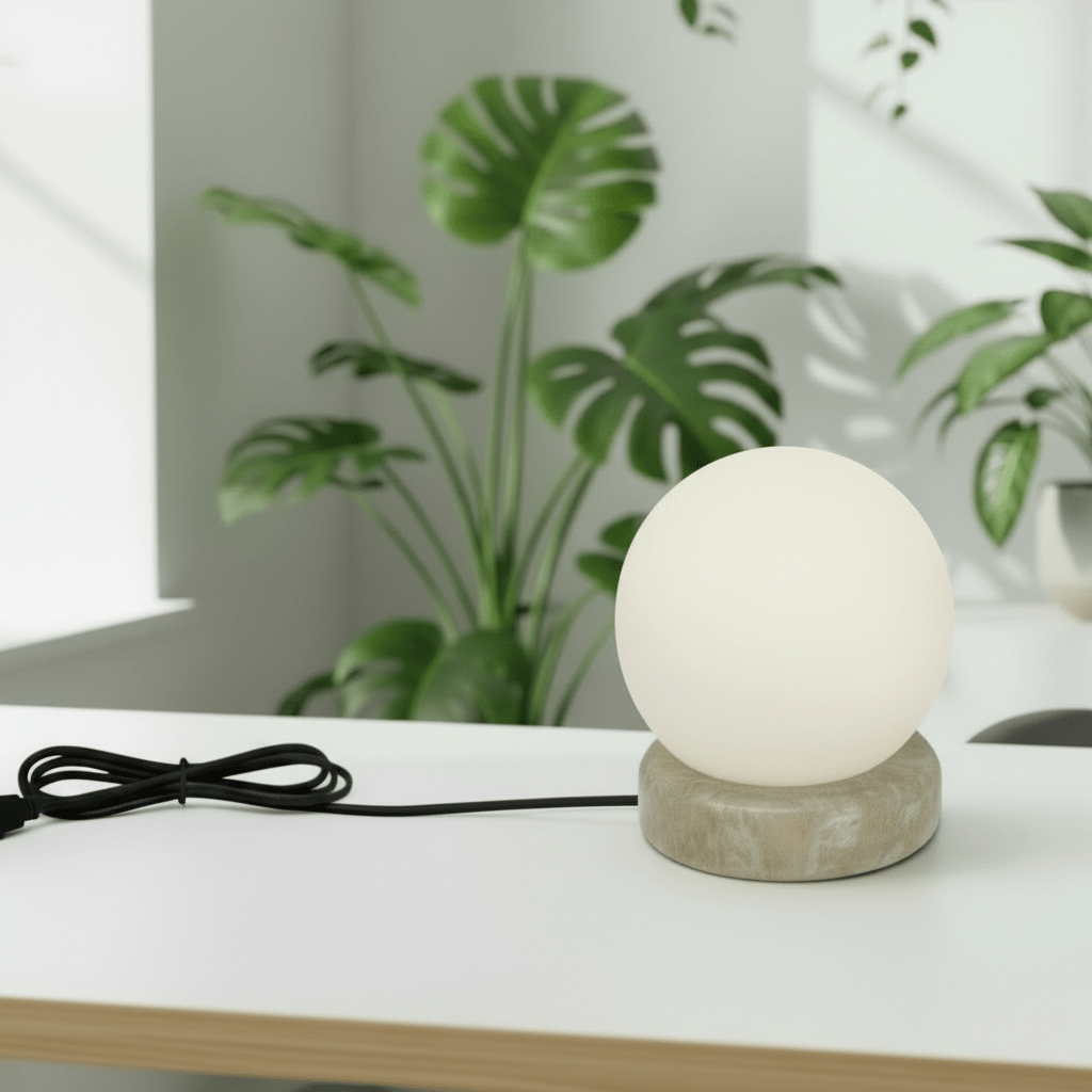 Small round lamp with a white bulb on a concrete base, placed on a surface with plants in the background.